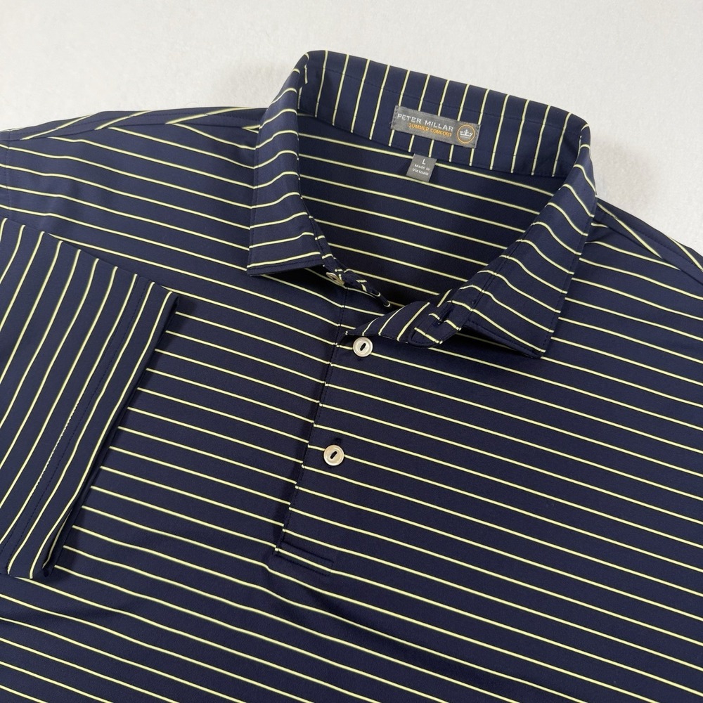 Peter Millar Summer Comfort Polo Shirt Mens L Blue Yellow Striped Golf Athletic